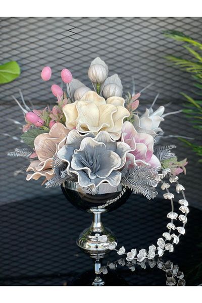 TASARIMHMODA Vază rotundă din argint cu flori artificiale nr:5