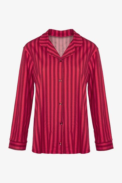 koza iç giyim Women's Cotton Red Striped Shirt Collar Long Sleeve Pajamas Set