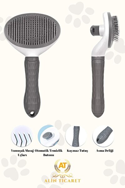 ALİN Automatic Cleaning Buttoned Pet Brush Cat Dog Hair Collector Comb Gray