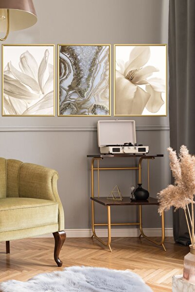 Linacci Üçlü Gold Alüminyum Krem Gül Kurusu Çiçek Metal Çerçeveli Camlı Poster Tablo Seti