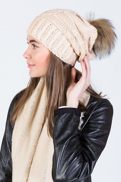 POSUSS Glittery Pompom Acrylic Women's Beanie Beige - Ps707