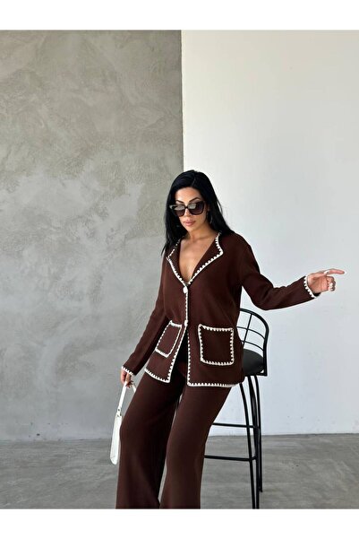 Lusin Καφέ Γυναικείο Πλεκτό Κοστούμι Διπλής Τσέπης - Σετ Ζακέτα και Παντελόνι