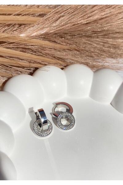 JustGAF Silver Color Zircon Stone Disc 316L Steel Earrings