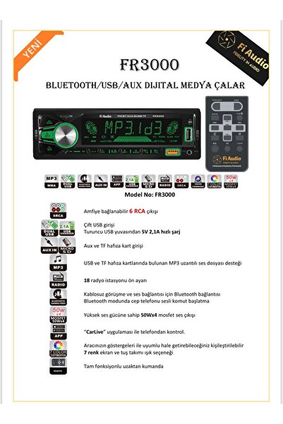 Leader fi Audio FR3000 BLUETOOTH/USB/AUX DİJİTAL MEDYA ÇALAR OTO TEYP