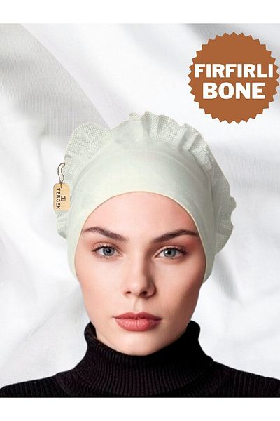 Tergek Ecru Cotton Combed Women's Hijab Headscarf - Frilly, Front Stitched, Daily Ready Turban