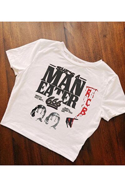 MAYDAY CULTURE Kadın Üste Oturan Kalıp Bel Boy Crop Baskılı Bisiklet Yaka Bab...