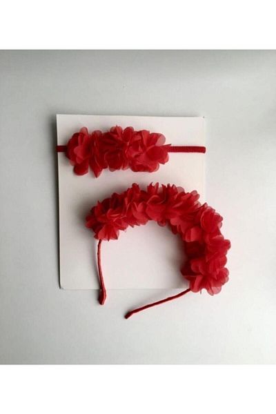 Almila Aksesuar Red Floral Mother Baby Crown Bandana Combination – Bandana