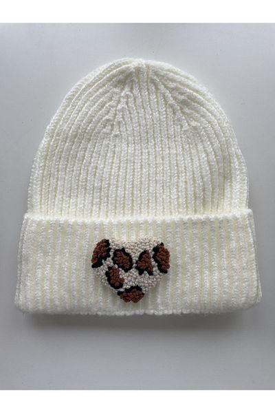 byebruketenci New Year's Gift - Cream Beret with Leopard Print and Heart Punch Detail
