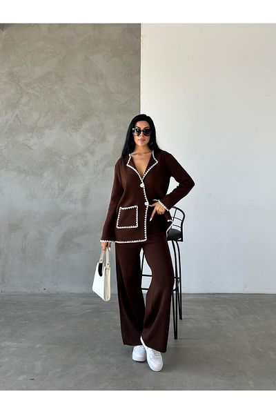 Lusin Brown Double Pocket Knitwear Set for Women - Cardigan and Pants Set