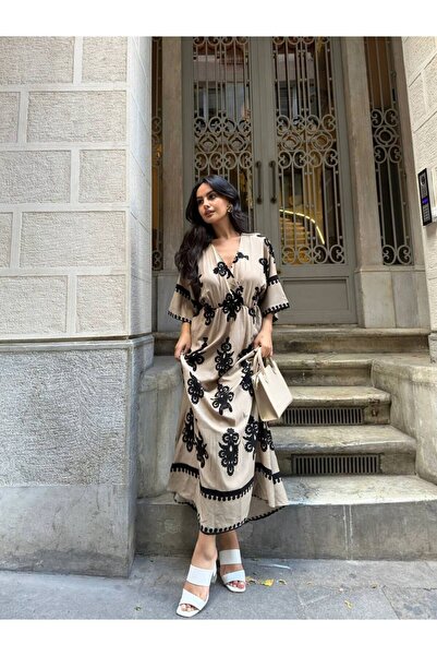 Lusin Brown Double Breasted Collar Slit Long Summer Women's Dress