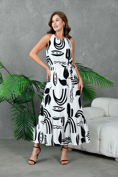 lovebox Black and White Patterned Halter Collar Dress with Flounced Skirt and Belted DKS-003
