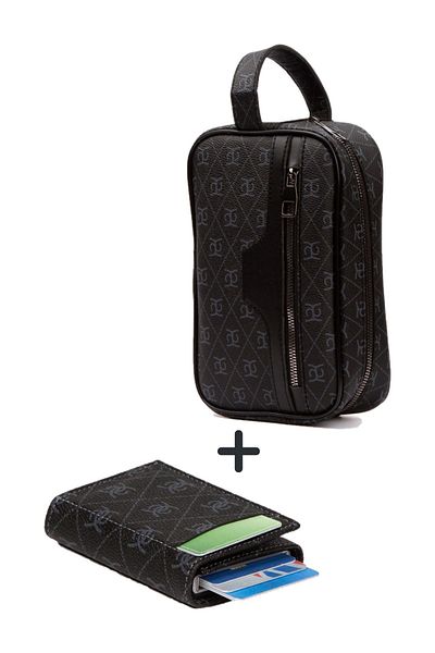 Newish Vegan Leather Black Unisex Cosmetic Bag and Wallet Card Holder Rfid Blocker Set of 2