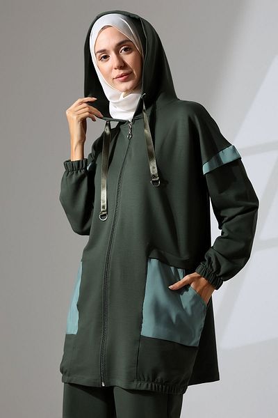 Mihran Butik Χακί Πράσινο Γυναικείο Αθλητικό και Άνετο Σετ Hijab - Εποχιακό χτενισμένο βαμβακερό κάτω και επάνω σετ