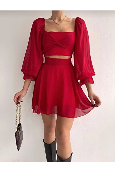 ADASTYLE Bel Detaylı Ful Lycra Tül Kırmızı Elbise