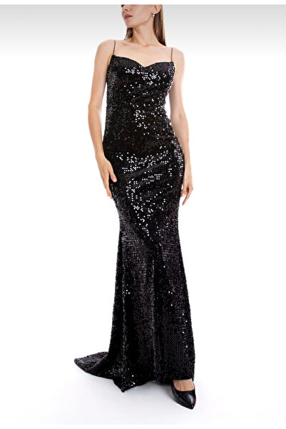 LACHİN collection asklı siyah pullu kadife elbise, trend, özel gün, balık abiye, arkadan bağlamalı ve fermuarlı