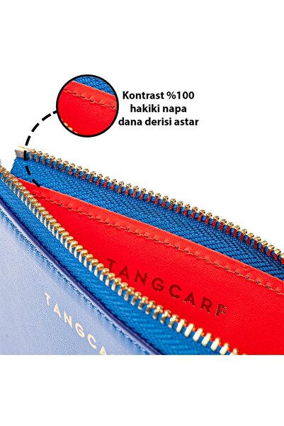 TANGCARF Hakiki Deri Bozuk Para Bölmeli Fermuarlı Kadın Cüzdan Kartlık Mavi