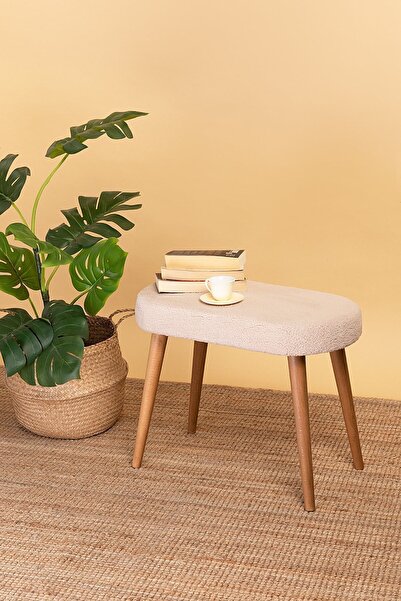 POFİTTO Ahşap Ayaklı Dekoratif Oval Bench-tedy Kumaş Salon Ve Oturma Odası Pufu-makyaj Masası Pufu Capucino
