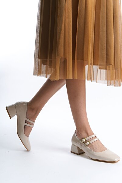 FOLLOWIN Pantofi de dama din piele lacuita - curea dubla, varf tocit, toc scu...