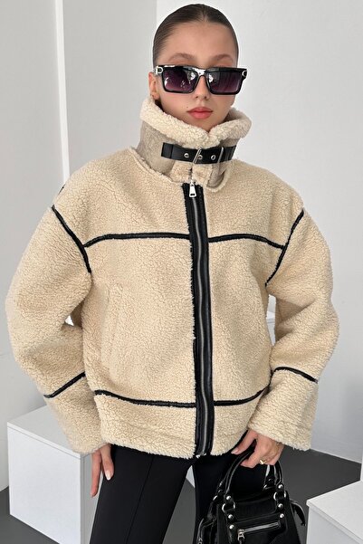 Lin Collection معطف قطيفة بيج - سحاب، مضلع، موديل Zr، نسائي، 1587