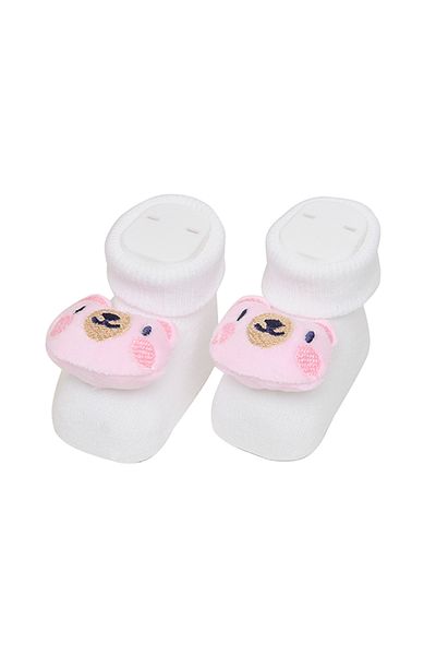 minimoor White Cute Girl Socks - Teddy Bear with Rattle, 0-6 Months 0-1 Years