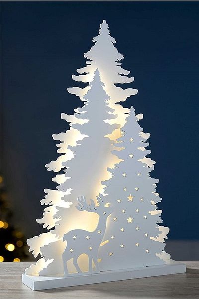 Elfora Illuminated White Christmas Tree with Deer Plexiglass Table Decoration Christmas Ornament 20 Cm