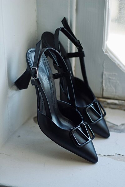 Rainon Store Y3033 Black Leather Buckle Women's Heeled Shoes