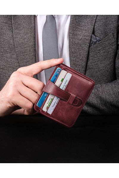 TANGCARF Men's Leather Card Holder - Claret Red Wallet, Handmade and Thin Design Credit Card Holder