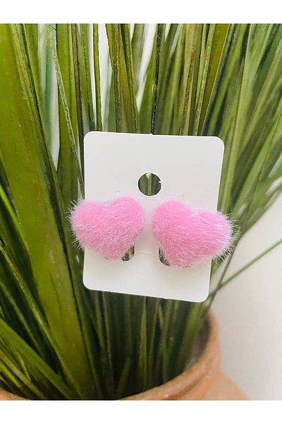 1PARÇAMAVİ Plush Children's Earrings with Heart Clip - Non-perforated Feather Earrings