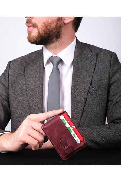 TANGCARF Men's Leather Card Holder - Claret Red Wallet, Handmade and Thin Design Credit Card Holder