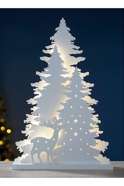 Elfora Illuminated White Christmas Tree with Deer Plexiglass Table Decoration Christmas Ornament 20 Cm