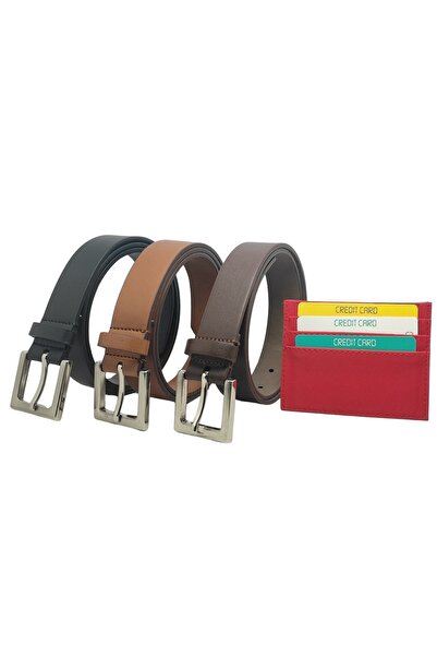 genuine leather company eds 3-piece Square Silver Buckle Thin Belt Set - Card Holder Wallet for Pants, Shirts and Jackets