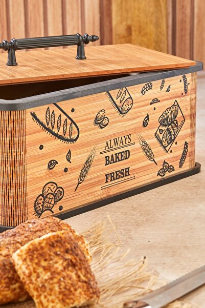 Tugomer Kapaklı Ahşap Ekmeklik - Dekoratif Desenli Ekmek Saklama Kutusu - Lüx Büyük Ekmek Dolabı