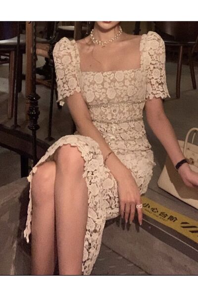 Elia Kadın Beyaz Renk Dantelli Midi Boy Söz Nişan Nikah İsteme Evden Çıkış Abiye Davet Elbisesi
