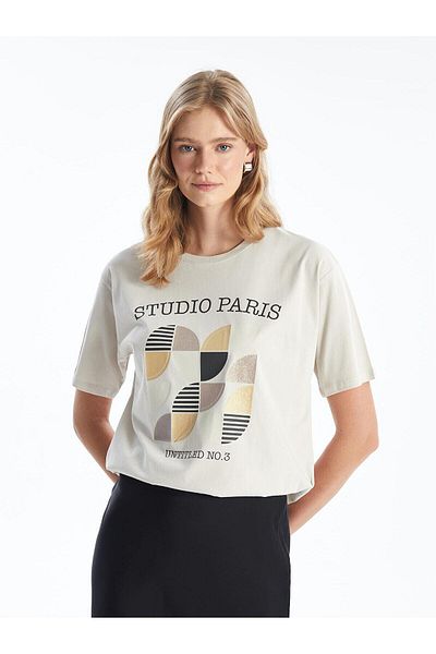 LC Waikiki Tricou supradimensionat LCW Vision pentru femei - gri deschis, decolteu, imprimat, maneca scurta