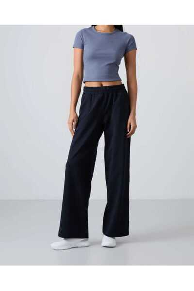 clkaslan Navy Blue High Waist Lace-up Women's Sweatpants - Wide Leg