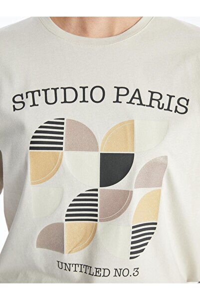 LC Waikiki Γυναικείο μπλουζάκι LCW Vision Oversize - Ανοιχτό γκρι, λαιμόκοψη, στάμπα, κοντό μανίκι