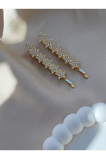 TwinsSis Store Taşlı Gold Sıralı Yıldız Yan Tel Toka