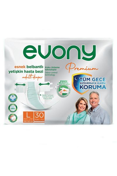 Evony Premium Adult Diapers with Flexible Waistband - Large 30 Pack