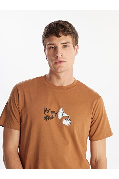 LC Waikiki Ανδρικό χτενισμένο βαμβακερό μπλουζάκι LCW - στάμπα κανέλας, λαιμόκοψη, κοντό μανίκι