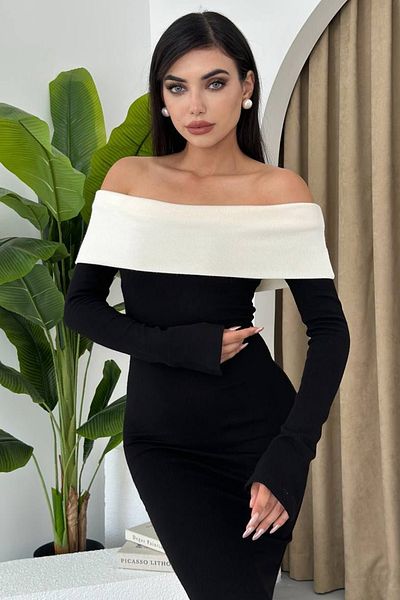 WOMAN VISION Design tužkový střih s dlouhým rukávem Pružná pletenina Černobílé dlouhé šaty 181