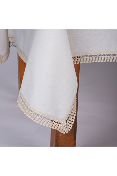 NDC HOME Organic Raw Linen Cream Rusty Fringed Tablecloth