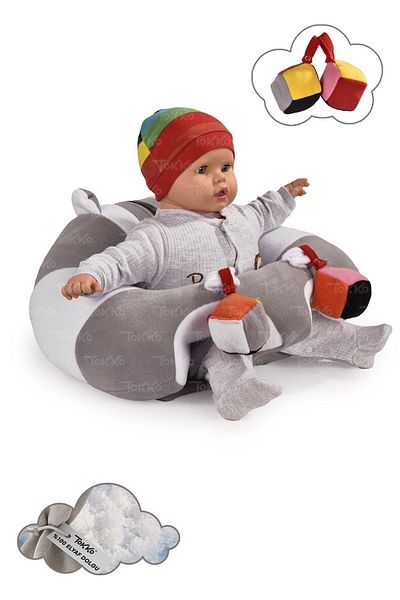 TOKKO Gray White Baby Cushion - Baby Seat with Anti-Tipping Toy - Large Baby Seat