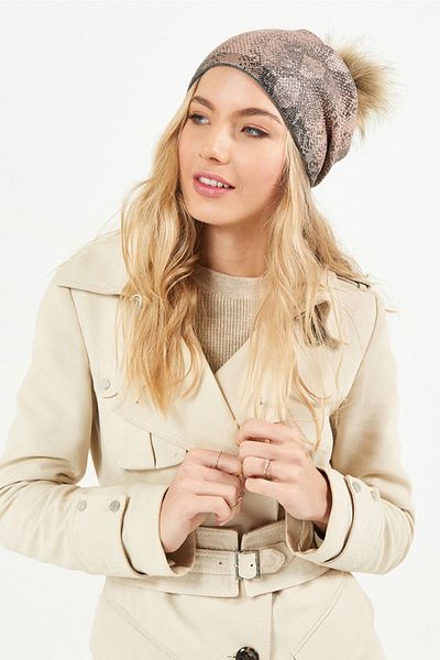 POSUSS Snake Printed Acrylic Women's Beanie with Pompom Pink Gray - Ps522