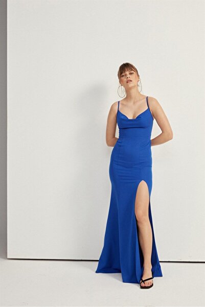 VATKALI Saks modré šaty s hlubokým výstřihem