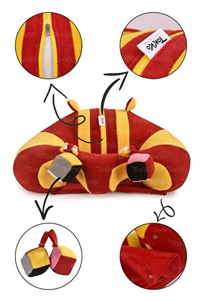 TOKKO Red and Yellow Baby Sitting Support Cushion with Toys - Non-Tipping Baby Seat - Large Baby Seat