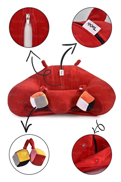 TOKKO Red Baby Sitting Cushion with Toys - Non-Tipping Baby Seat - Large Baby Seat