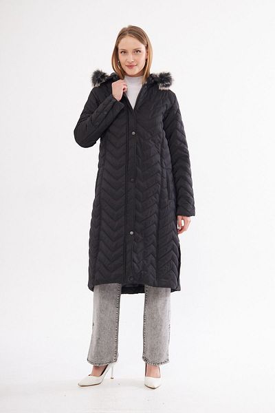 S&V TEKSTİL Women's Black Long Quilted Coat Coat