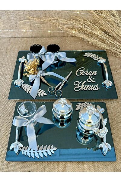 TutkuSetUp Dikdörtgen Aynalı Tepsi ve Damat Kahve Tepsisi, Söz-Nişan Seti, Ni...