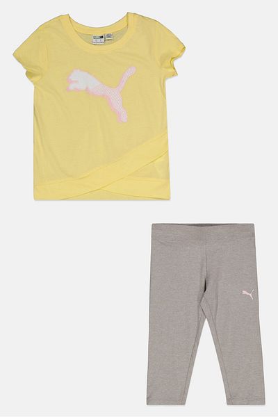 Puma طقم ملابس رياضية للبنات من توب و سفلي، باللون الأصفر