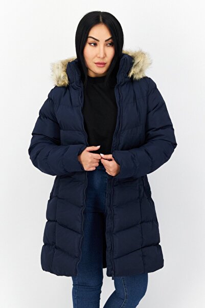 French Connection Women Faux Fur Plain Puffer Jacket, Navy